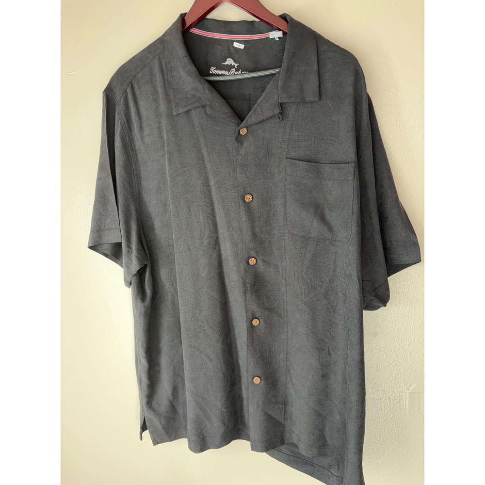 Tommy Bahama Mens XXL Black 100% Silk Jacquard Tropical Camp Shirt Short Sleeve